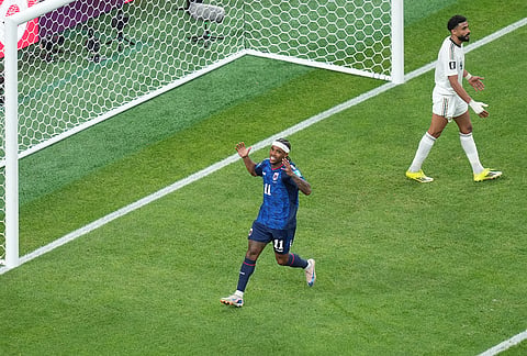 Cape Verde's Garry Rodrigues (11) reacts to a missed shot on goal during the World Cup Group H soccer match between Cape Verde and Saudi Arabia in Houston.