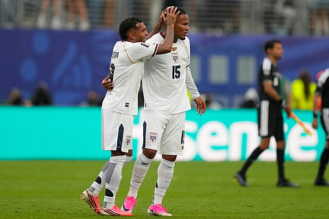 Panama's Alberto Quintero (19) and Panama's Eric Davis (15) react after the World Cup Group L soccer match between Panama and England in East Rutherford