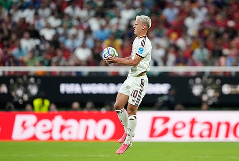 Spain's Dani Olmo takes the ball during the World Cup Group H soccer match between Uruguay and Spain in Zapopan, near Guadalajara, Mexico.