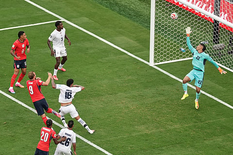 England's Harry Kane (9) scores his team's second goal during the World Cup Group L soccer match between Panama and England in East Rutherford