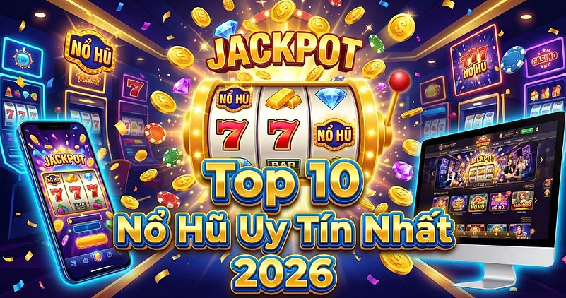 Slot machine graphic with text Top 10 Nổ Hũ Uy Tín Nhất 2026