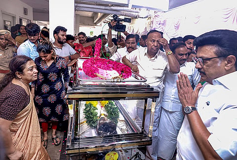 Tamil Nadu former Chief Minister and DMK President MK Stalin pays tribute to the mortal remains of late film director and actor K Bhagyaraj, at his residence, in Chennai.
