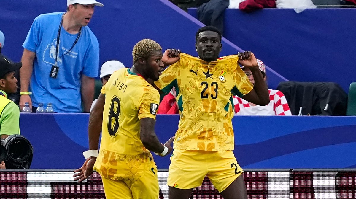 Ghana's Derrick Luckassen (23) celebrates after scoring his side's first goal during the World Cup Group L soccer match between Croatia and Ghana in Philadelphia, Saturday, June 27, 2026. - (AP Photo/Petr Josek)