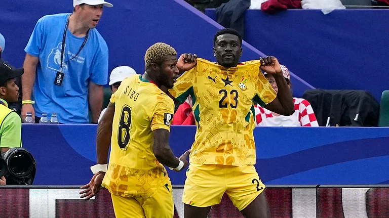 Ghana's Derrick Luckassen (23) celebrates after scoring his side's first goal during the World Cup Group L soccer match between Croatia and Ghana in Philadelphia, Saturday, June 27, 2026. - (AP Photo/Petr Josek)