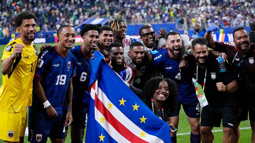 Cape Verde players celebrate their 0-0 draw with Saudi Arabia after the World Cup Group H soccer match in Houston, Friday, June 26, 2026 - AP Photo/David J. Phillip