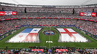 Adam Hunger/AP Photo : Teams line up ahead of the World Cup Group L soccer match between Panama and England in East Rutherford.
