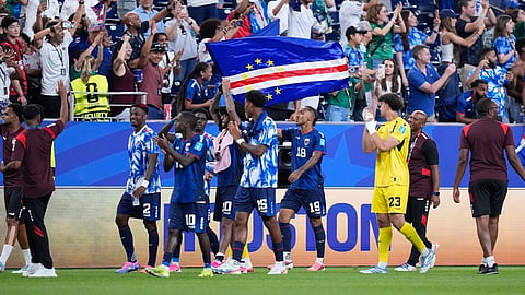 Cape Verde team members celebrate after the World Cup Group H soccer match between Cape Verde and Saudi Arabia in Houston, Friday, June 26, 2026.