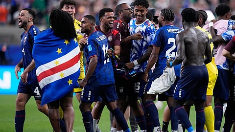 Cape Verde team members celebrate after the World Cup Group H soccer match between Cape Verde and Saudi Arabia in Houston, Friday, June 26, 2026.