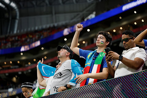 Uzbekistan supporters cheer before the World Cup Group K soccer match between DR Congo and Uzbekistan in Atlanta, Saturday, June 27, 2026.