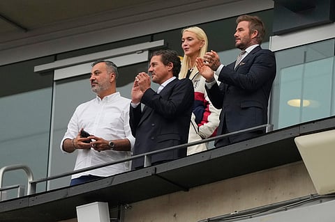David Beckham, right, reacts after the World Cup Group L soccer match between Panama and England in East Rutherford