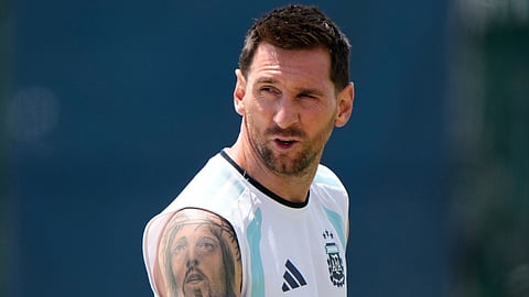 Argentina's Lionel Messi walks to training for the the World Cup soccer tournament Tuesday, June 23, 2026, in Kansas City,