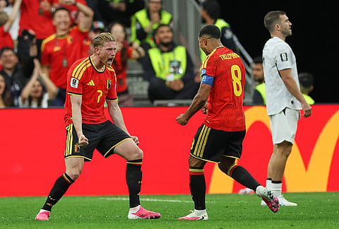 Belgium's Kevin De Bruyne (7) and Belgium's Youri Tielemans (8) winning the the World Cup Group G soccer match between New Zealand and Belgium in Vancouver, British Columbia.
