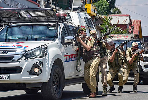 Police personnel conduct a mock drill ahead of the Amarnath Yatra 2026, in Anantnag district, Jammu and Kashmir.