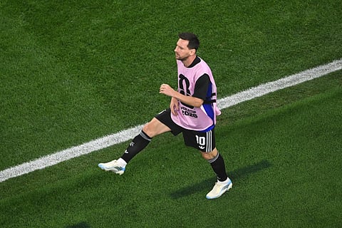 Argentina's Lionel Messi (10) warms up on the sidelines during the World Cup Group J soccer match between Jordan and Argentina in Arlington, Texas, near Dallas, Saturday, June 27, 2026