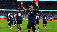 (AP Photo/Julio Cortez) : Argentina's Lautaro Martinez celebrates after scoring his side's second goal on a penalty kick during the World Cup Group J soccer match against Jordan in Arlington, Texas, near Dallas, Saturday, June 27, 2026