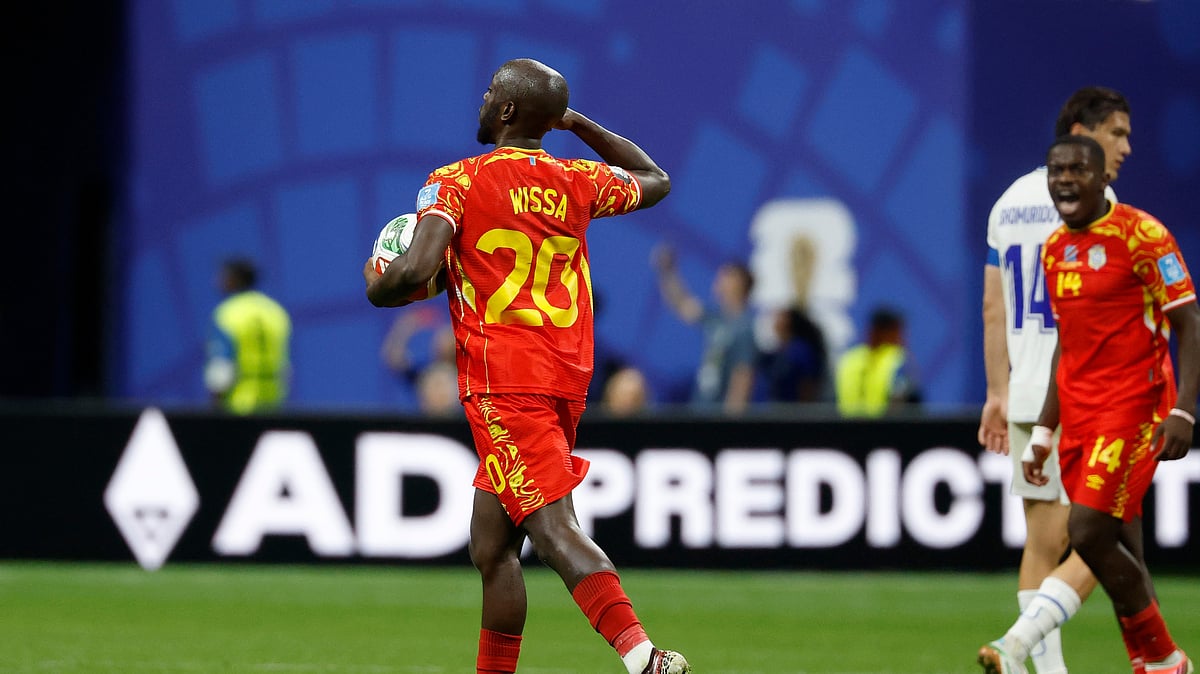 Congo's Yoane Wissa (20) celebrates their first goal on a penalty kick during the World Cup Group K soccer match between DR Congo and Uzbekistan in Atlanta, Saturday, June 27, 2026. - (AP Photo/Erik S. Lesser)