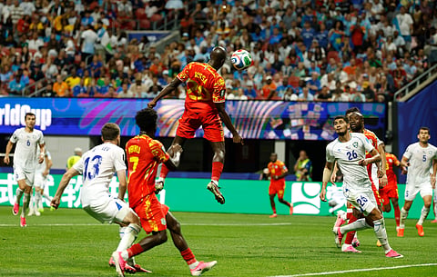 Congo's Yoane Wissa (20) heads the ball during the World Cup Group K soccer match between DR Congo and Uzbekistan in Atlanta, Saturday, June 27, 2026.