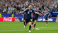 (AP Photo/Tony Gutierrez) : Argentina's Lionel Messi (10) celebrates scoring his side's 3rd goal during the World Cup Group J soccer match between Jordan and Argentina in Arlington, Texas, near Dallas, Saturday, June 27, 2026