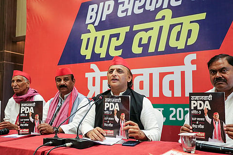 Samajwadi party National President Akhilesh Yadav and others during a press conference before the launch of 'Vision India' movement against exam paper leaks, in Prayagraj, Uttar Pradesh.