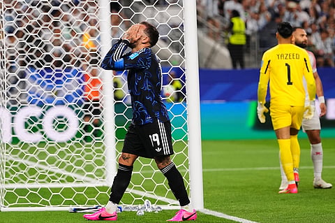 Argentina's Nicolas Otamendi, left, reacts to a missed shot on goal during the World Cup Group J soccer match against Jordan in Arlington, Texas, near Dallas, Saturday, June 27, 2026
