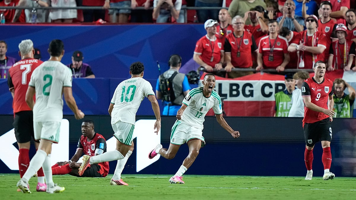 Algeria's Rafik Belghali (17) celebrates after scoring a goal during the World Cup Group J soccer match between Algeria and Austria in Kansas City, Mo., Saturday, June 27, 2026 - (AP Photo/Charlie Riedel)
