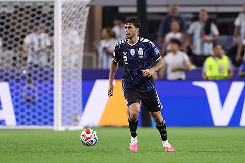 Argentina's Marcos Senesi (2) dribbles the ball during the World Cup Group J soccer match between Jordan and Argentina in Arlington, Texas, near Dallas, Saturday, June 27, 2026.