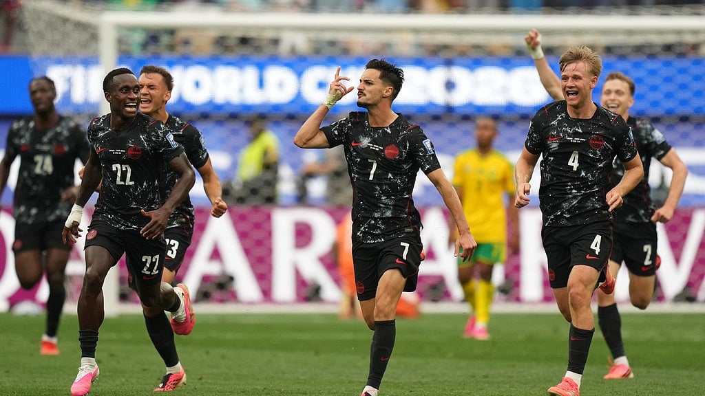 Canada's Stephen Eustaquio (7) celebrates scoring their opening goal against South Africa during the World Cup round of 32 soccer match in Inglewood. - Andre Penner/AP Photo