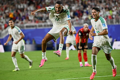 Algeria's Rafik Belghali (17)celebrates after scoring his team's first goal during the World Cup Group J soccer match between Algeria and Austria in Kansas City, Mo., Saturday, June 27, 2026