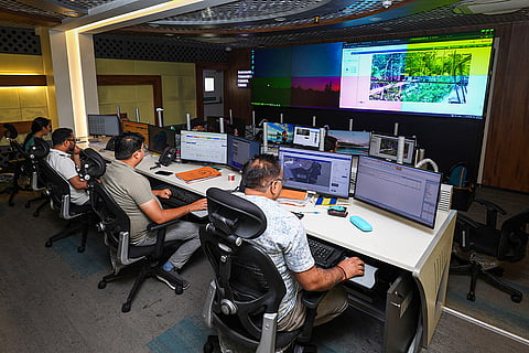 Officials monitor security arrangements through CCTVs for the annual Amarnath Yatra, in Jammu.