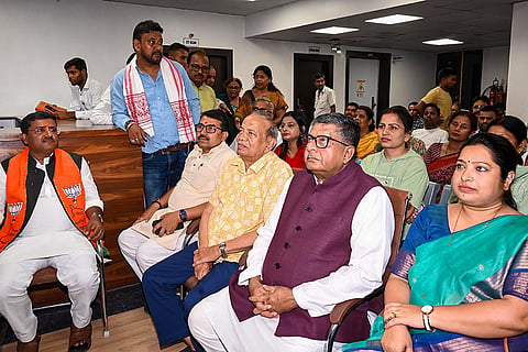 MP Ravi Shankar Prasad and others listen to Prime Minister Narendra Modi’s Mann KI Baat programme, in Patna, Bihar.