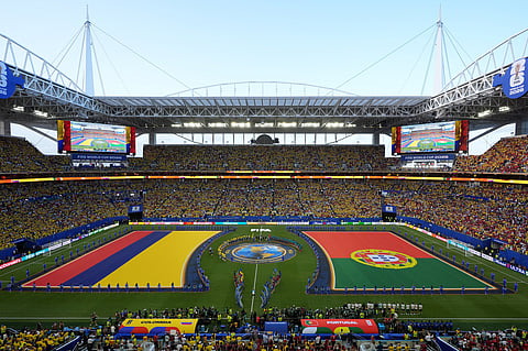 General view during the pregame ceremony before the World Cup Group K soccer match between Colombia and Portugal in Miami Gardens