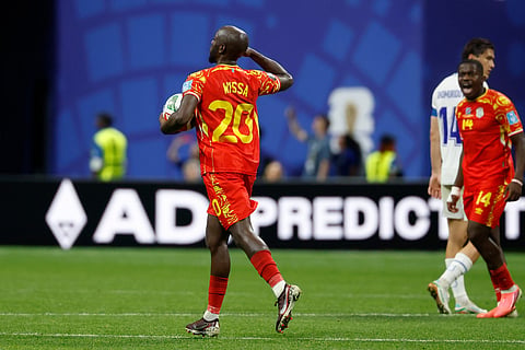 Congo's Yoane Wissa (20) celebrates their first goal on a penalty kick during the World Cup Group K soccer match between DR Congo and Uzbekistan in Atlanta, Saturday, June 27, 2026. 