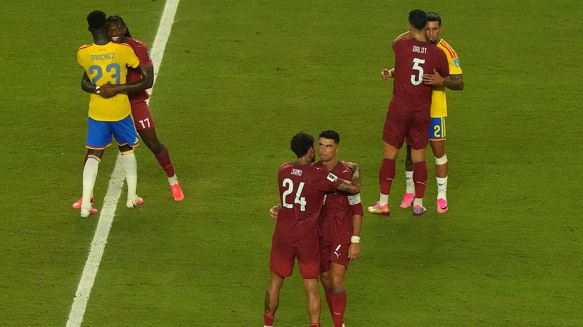 Portugal's Cristiano Ronaldo (7) embraces Samu Costa (24) after the World Cup Group K soccer match between Colombia and Portugal in Miami Gardens, Fla., Saturday, June 27, 2026 - (AP Photo/Marta Lavandier)