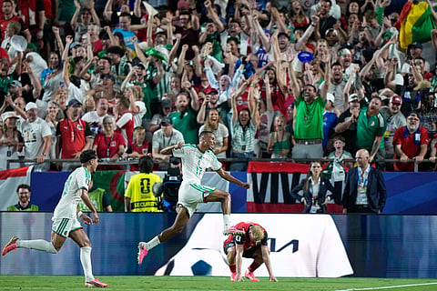 Algeria's Rafik Belghali (17) celebrates after scoring a goal during the World Cup Group J soccer match between Algeria and Austria in Kansas City, Mo., Saturday, June 27, 2026