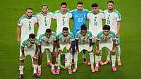| Photo: AP/Jeff Chiu : The Algeria starting 11 players pose for photographers during the World Cup Group J soccer match between Jordan and Algeria in Santa Clara, Calif., near San Francisco.