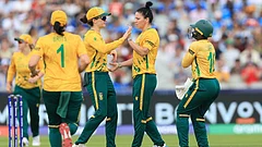 South Africa's Marizanne Kapp (centre right) celebrates taking the wicket of India's Smriti Mandhana during the ICC Women's T20 World Cup match at Emirates Old Trafford, Manchester, England. - | Photo: Nigel French/PA via AP
