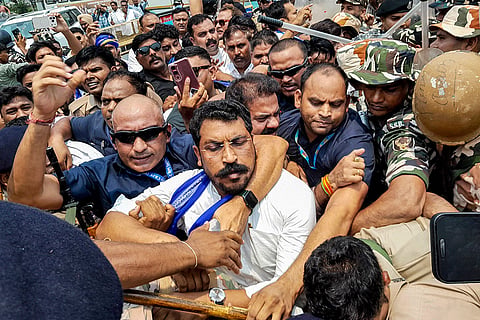 Azad Samaj Party chief Chandrashekhar Azad with supporters being stopped by police during a protest march against the alleged killing of an 18-year-old Dalit youth in Uttarakhand’s Tehri Garhwal district, in Haridwar.