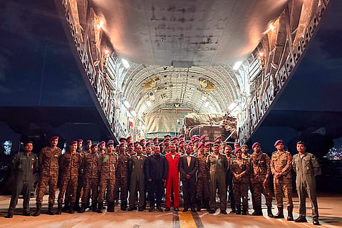 In this image posted on June 28, 2026, Indian Air Force C-17 Globemaster III aircraft arrives at Maiquetía International Airport, Caracas, carrying 66 tonnes of humanitarian aid- including an Indian Army Field Hospital, over 35 tonnes of relief supplies, medicines and medical equipment, and two BHISHM Cubes, for Venezuela as part of post-earthquake relief efforts. 