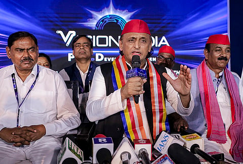 Samajwadi Party President Akhilesh Yadav during a press conference regarding the 'Vision India' campaign, in Prayagraj.