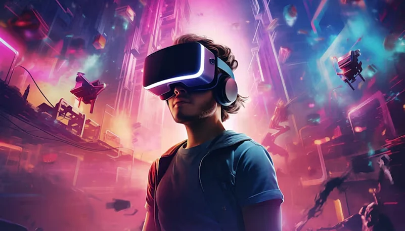 Man wearing VR headset in a neon cyberpunk city