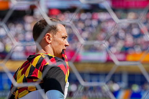 Germany goalkeeper Manuel Neuer (1) warms up during the World Cup round of 32 soccer match between Germany and Paraguay in Foxborough