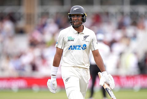 New Zealand's Rachin Ravindra walks off the field after being bowled out by England's Shoaib Bashir via lbw  on day four of the Third Test cricket match between England and New Zealand, in Nottingham, England, Sunday June 28, 2026. 