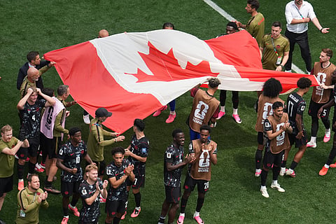 Players of Canada celebrate after the World Cup round of 32 soccer match against South Africa in Inglewood, Calif., near Los Angeles, Sunday, June 28, 2026