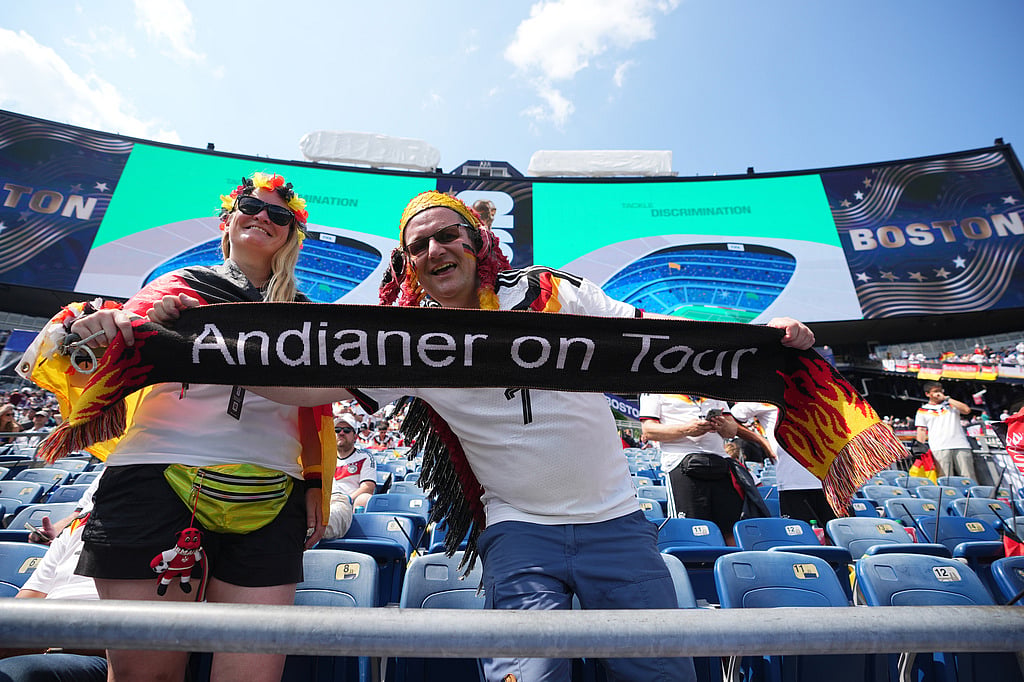 Germany supporters pose before the World Cup round of 32 soccer match between Germany and Paraguay in Foxborough - (AP Photo/Martin Meissner)