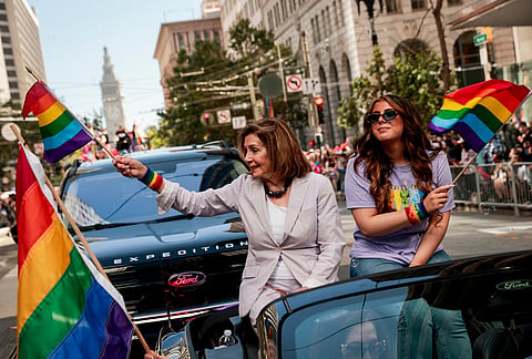 Nancy Pelosi participates rides in the Pride Parade in San Francisco, Sunday, June 28, 2026. 