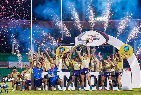 Hyderabad Heroes players after winning the Rugby Premier League finals against Mumbai Dreamers at Gachibowli Stadium, Hyderabad. 