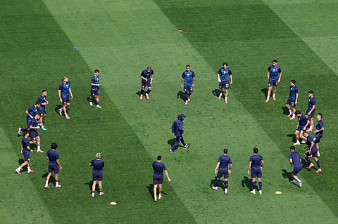Paraguay players warm up before the World Cup round of 32 soccer match between Germany and Paraguay in Foxborough
