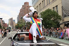 Peppermint, one of the official Grand Marshals for the 2026 NYC Pride March, salutes to parade-goers, Sunday, June 28, 2026 in New York. - | Photo: AP/Pamela Smith