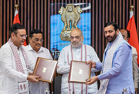 Under the chairmanship of Union Home Minister Amit Shah, Haryana Chief Minister Nayab Singh Saini and Rajasthan Chief Minister Bhajan Lal Sharma sign the memorandum of understanding (MOU) for the Haryana-Rajasthan Yamuna Water Project. 