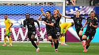 AP/Andre Penner : Canada's Stephen Eustaquio (7) celebrates scoring their opening goal against South Africa during the World Cup round of 32 soccer match in Inglewood, Calif., near Los Angeles